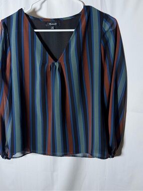Madewell Striped V-Neck Long Sleeve Blouse - Blue, Green, Brown